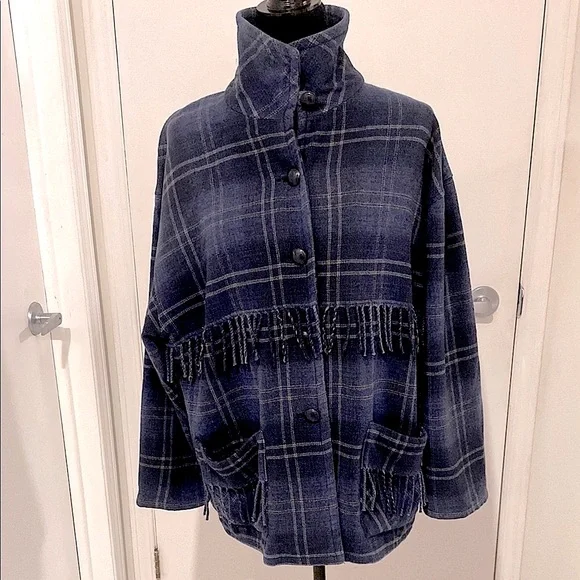 Collections Internationale Fringed women’s Blue Plaid Blazer/Jacket Size Large - Picture 1 of 17